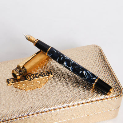 Hero 2031A Blue Marble & Gold Plated Fountain Pen - 12k Nib