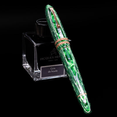 Leonardo Cigar Leonardo Verde Celluloid Fountain Pen capped, leaning against an ink bottle. 