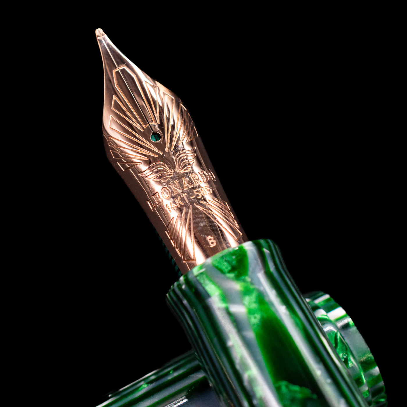 A macro shot of the nib with its intricate detailing and logo engraving for the Leonardo Cigar Leonardo Verde Celluloid Fountain Pen.