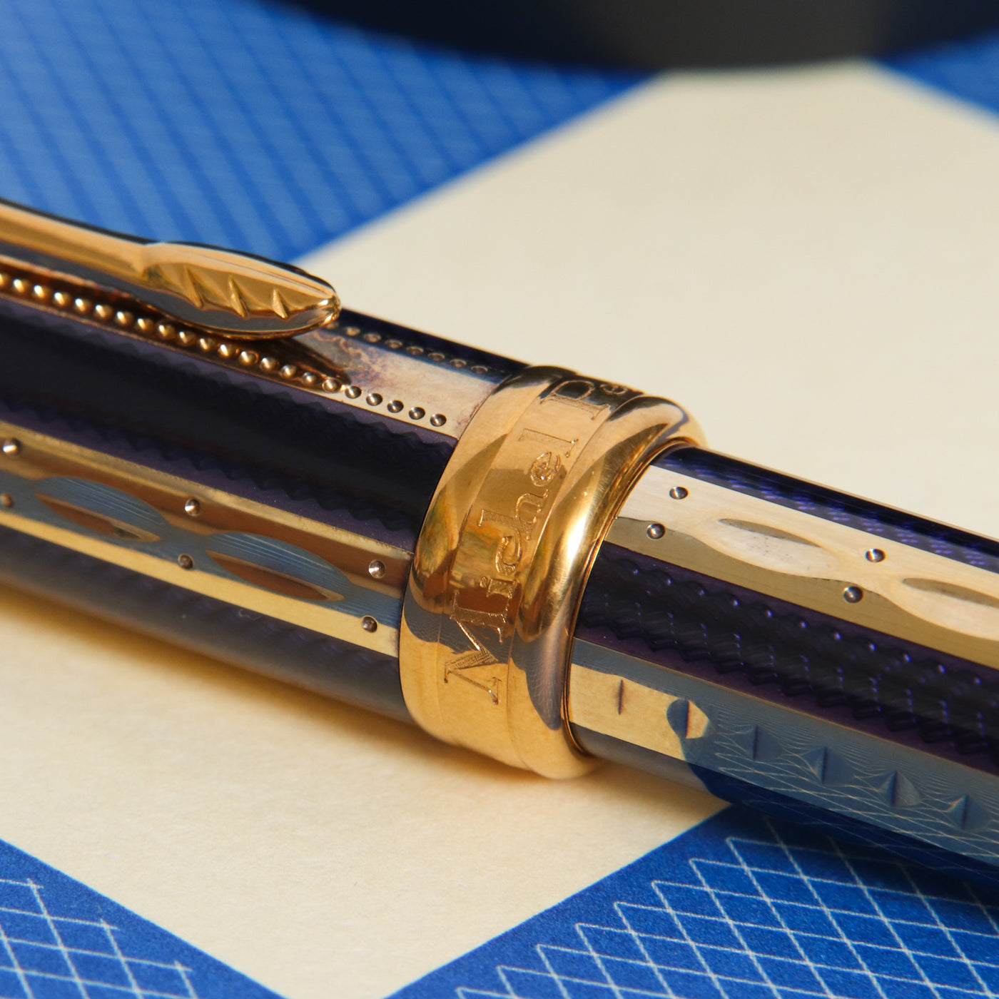 Michel Perchin Faberge Ribbed Blue & Vermeil Fountain Pen - Preowned Center Band