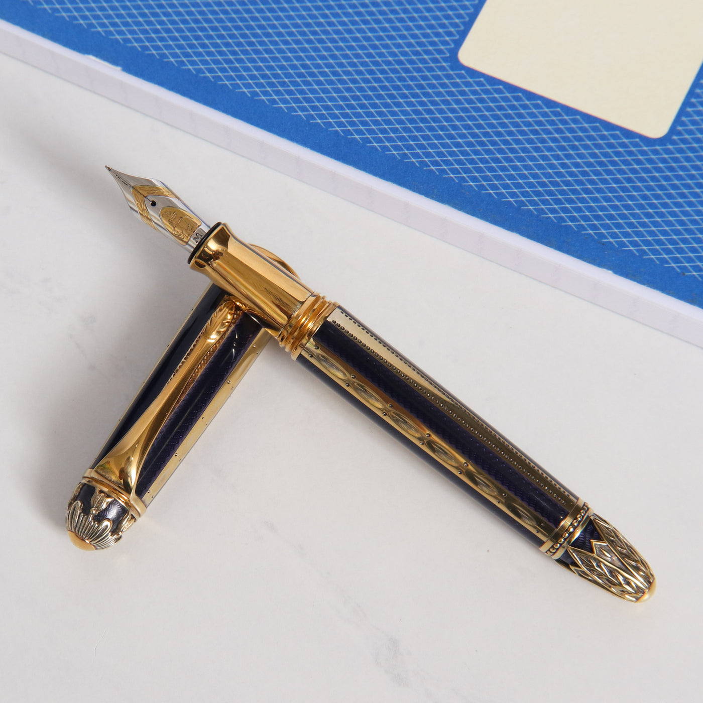Michel Perchin Faberge Ribbed Blue & Vermeil Fountain Pen - Preowned