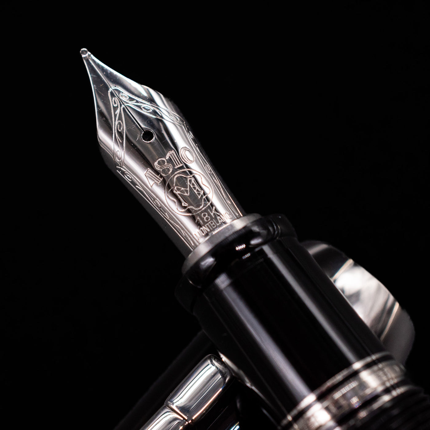  A macro shot of the nib with its intricate detailing and logo engraving for the Montblanc Boheme Jumbo Large Fountain Pen - Preowned.