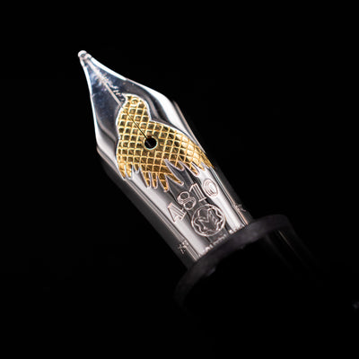 A macro shot of the nib with its intricate detailing and logo engraving for the Montblanc Donation Herbert von Karajan Fountain Pen - Preowned.