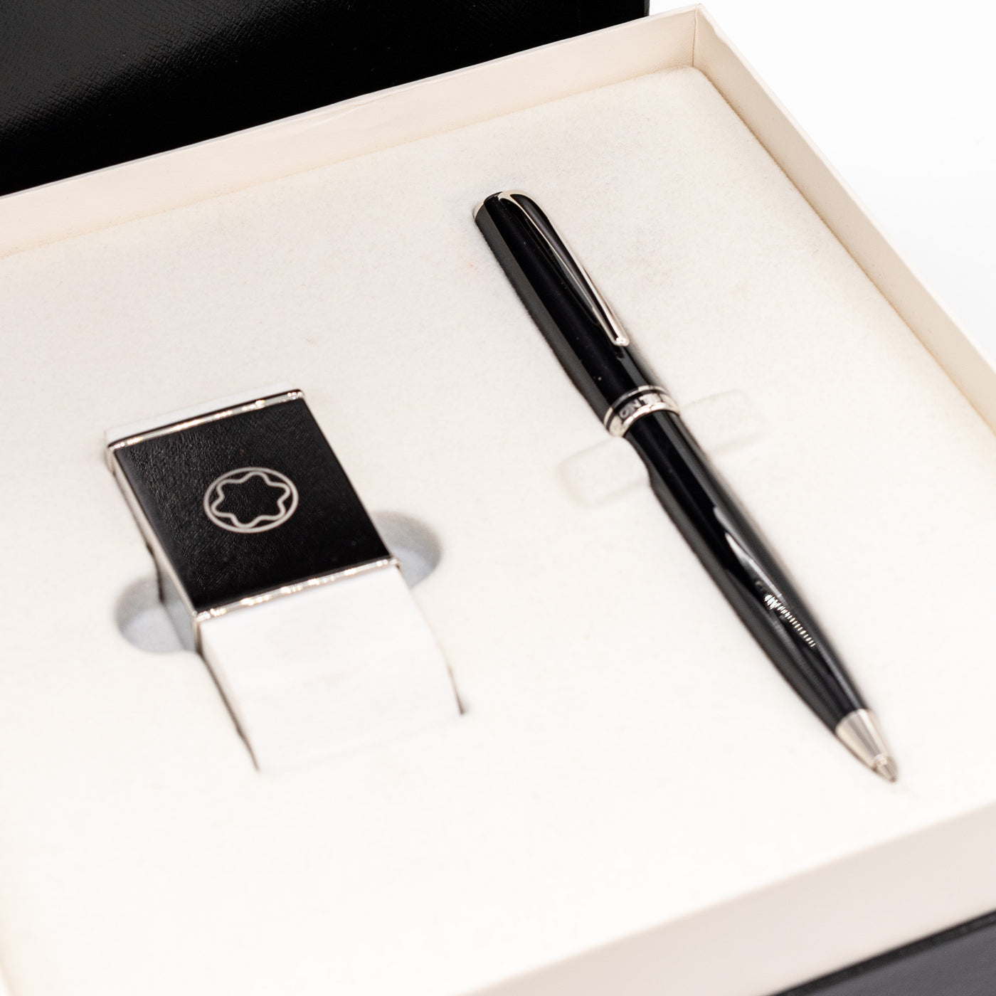 Montblanc Generation Black & Platinum Mechanical Pencil & Eraser Set inside packaging