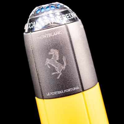 A detail shot of the ferrari logo on the Montblanc Great Characters Enzo Ferrari Fountain Pen - Giallo Modena.