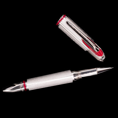 An overhead view of the Montblanc Great Characters Enzo Ferrari Limited Edition 1898 Rollerball Pen - Preowned uncapped. 