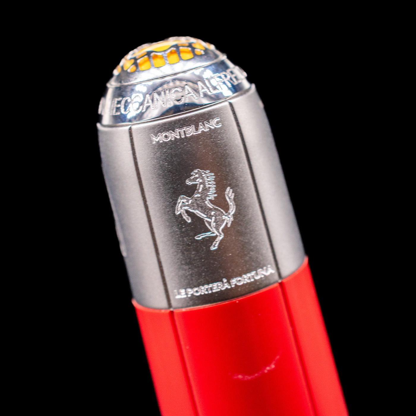 A detail shot of the horse logo on the back of the  Montblanc Great Characters Enzo Ferrari Special Edition Ballpoint Pen - Preowned.