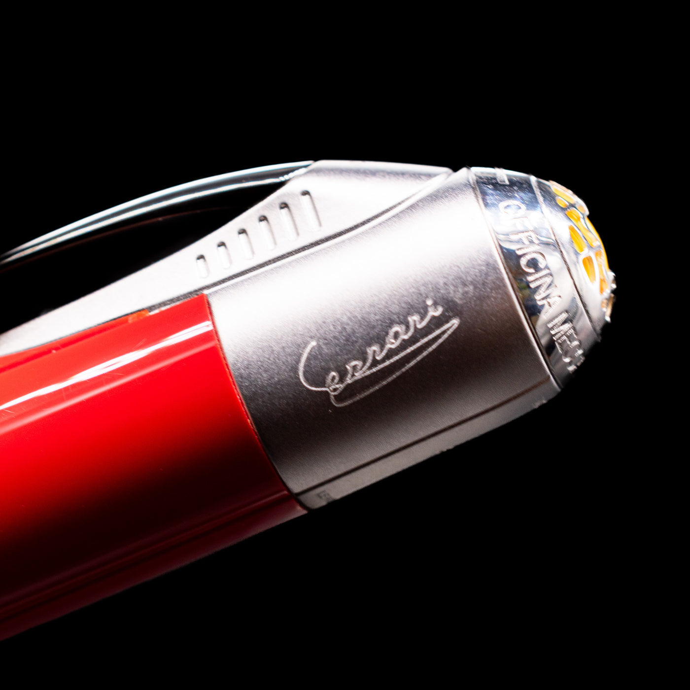 A macro shot of the signature on the top of the barrel on the  Montblanc Great Characters Enzo Ferrari Special Edition Ballpoint Pen - Preowned.