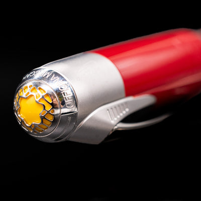 Zoomed-in view of the top of the cap with the finial on the Montblanc Great Characters Enzo Ferrari Special Edition Ballpoint Pen - Preowned.