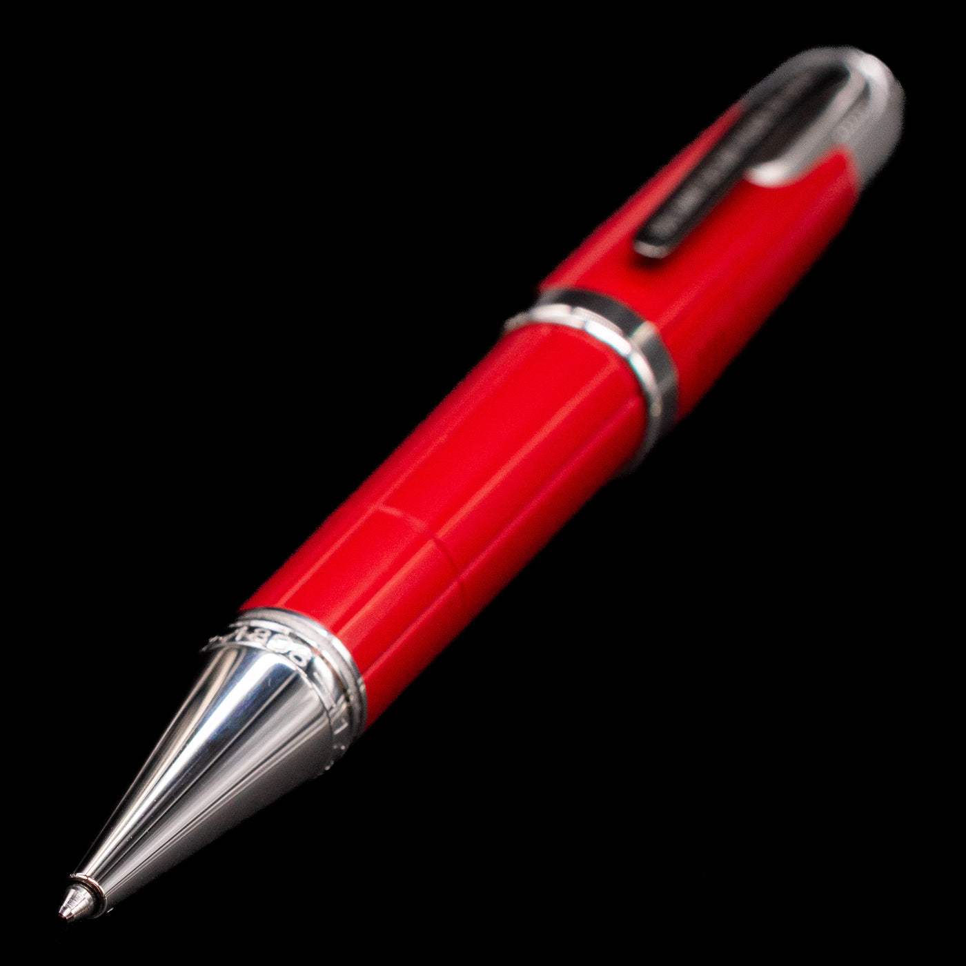 A full view of the Montblanc Great Characters Enzo Ferrari Special Edition Ballpoint Pen - Preowned with a focus on the tip.