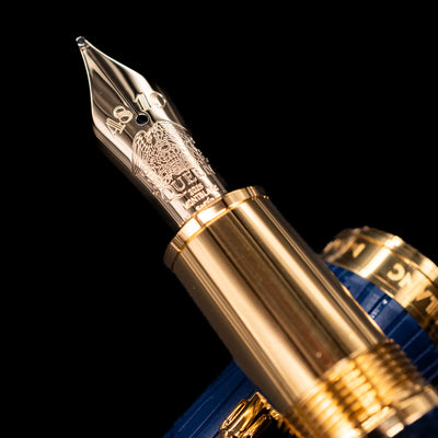A macro shot of the nib with its intricate detailing and logo engraving for the Montblanc Great Characters Homage to Queen Fountain Pen.