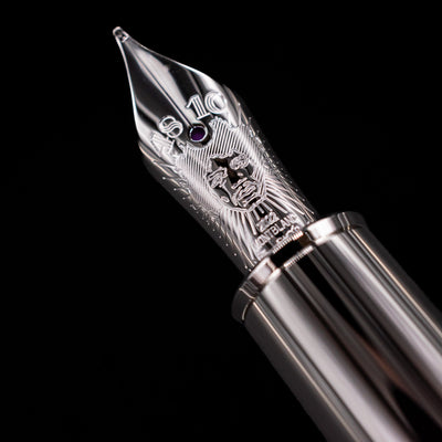 A macro shot of the nib with its intricate detailing and logo engraving for the Montblanc Great Characters Jimi Hendrix Fountain Pen.