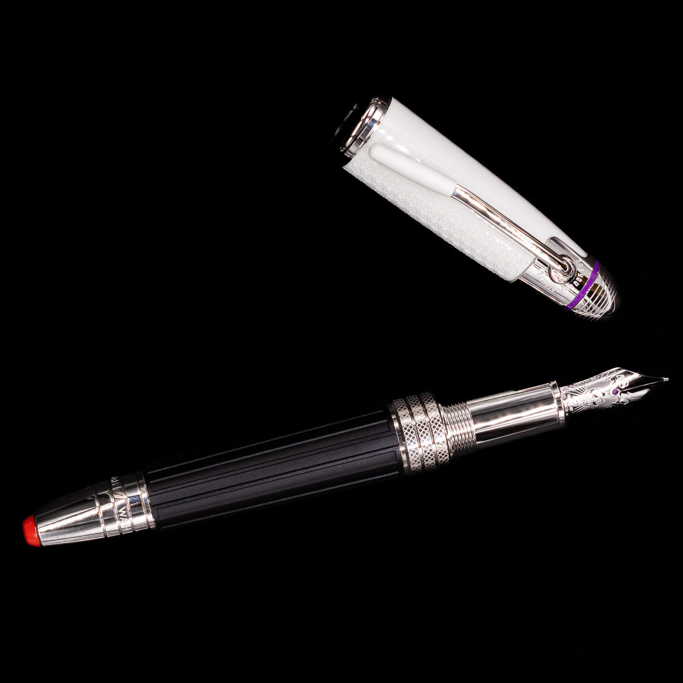 An overhead view of the Montblanc Great Characters Jimi Hendrix Fountain Pen uncapped.