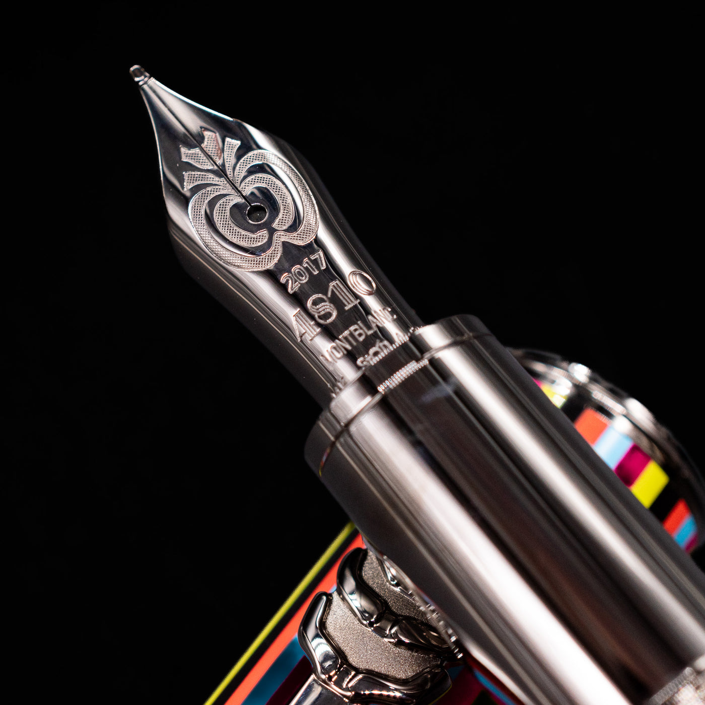 A macro shot of the nib with its intricate detailing and logo engraving for the Montblanc Great Characters The Beatles Special Edition Fountain Pen - Preowned.