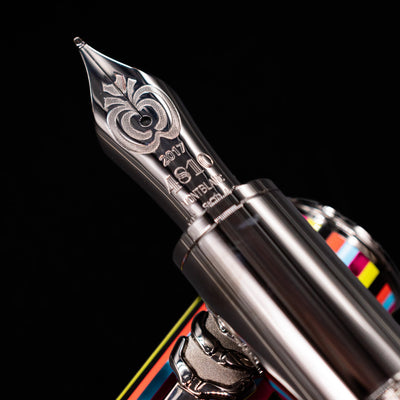 A macro shot of the nib with its intricate detailing and logo engraving for the Montblanc Great Characters The Beatles Special Edition Fountain Pen - Preowned.