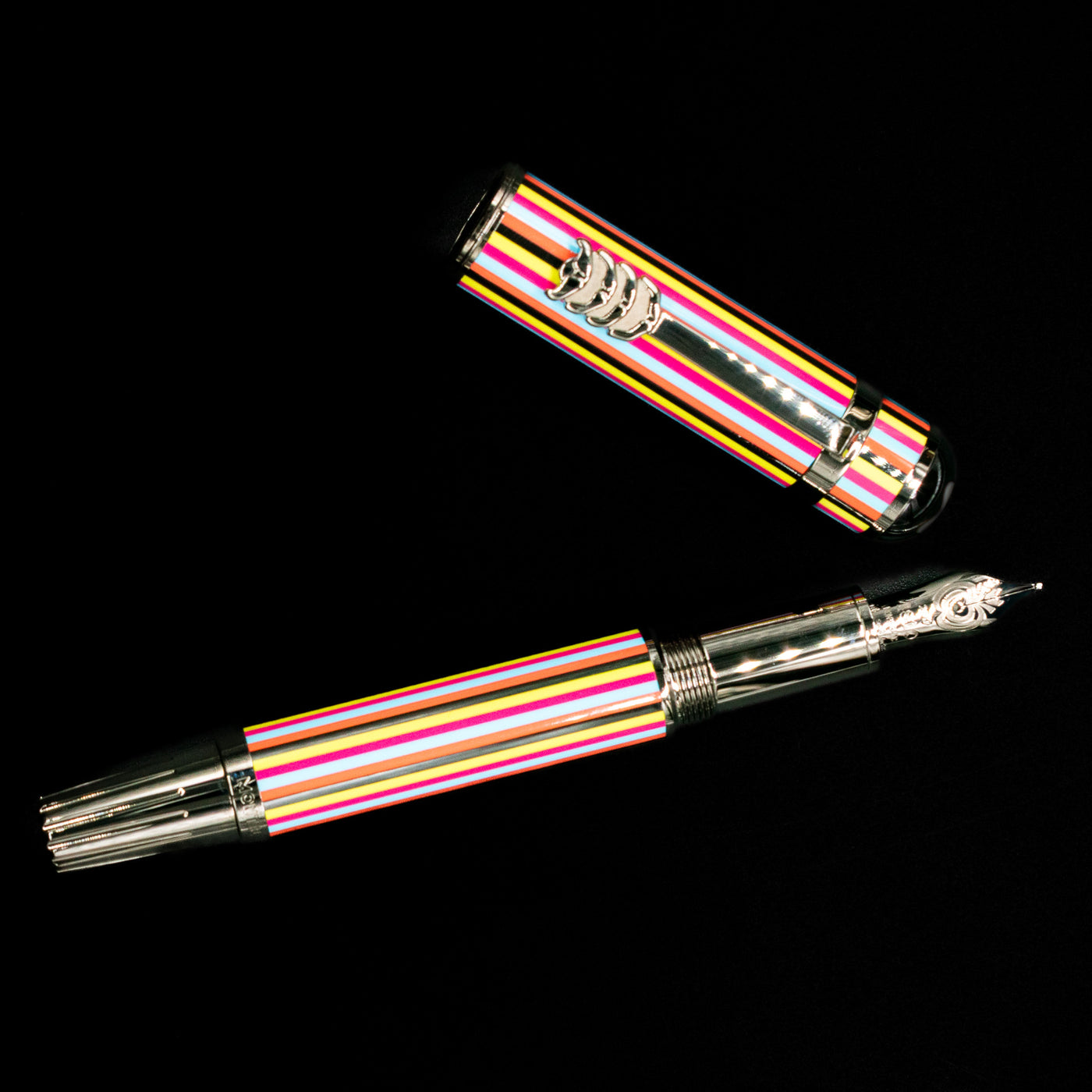 An overhead view of the Montblanc Great Characters The Beatles Special Edition Fountain Pen - Preowned uncapped.