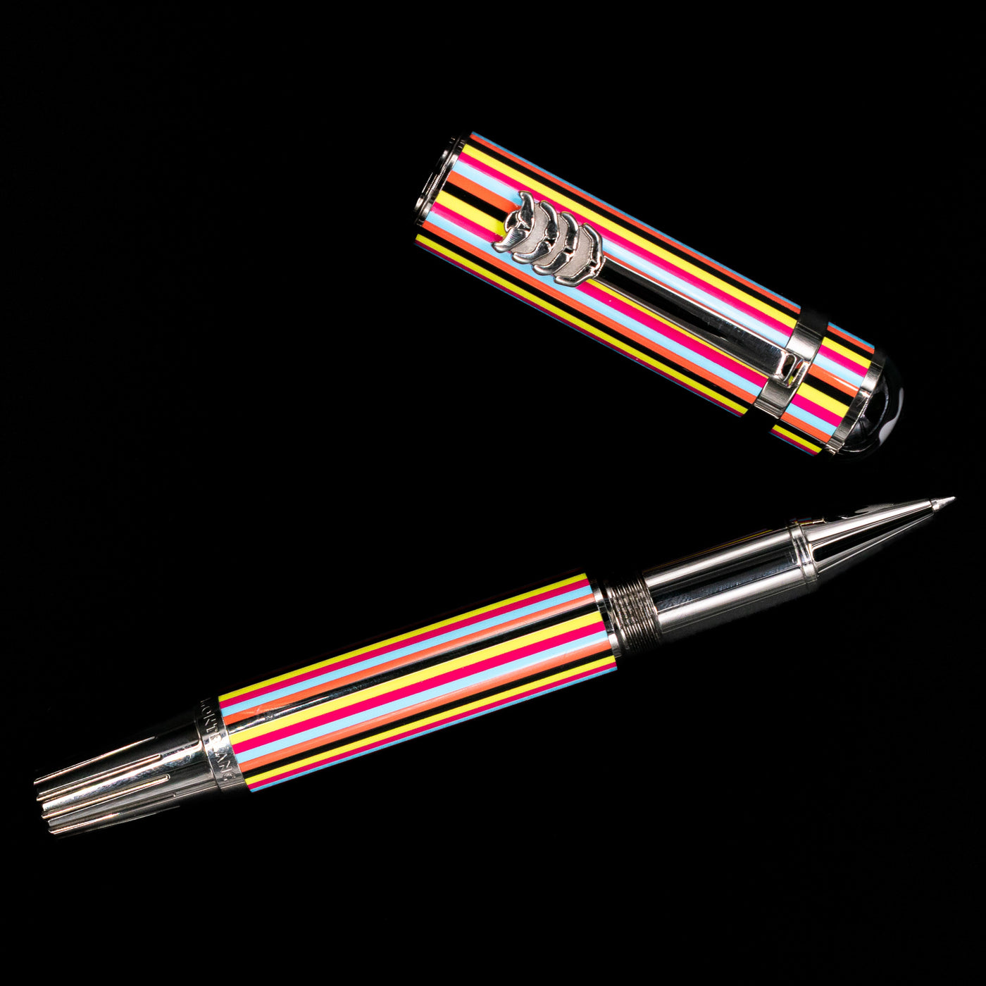 An overhead view of the Montblanc Great Characters The Beatles Special Edition Rollerball Pen - Preowned uncapped.