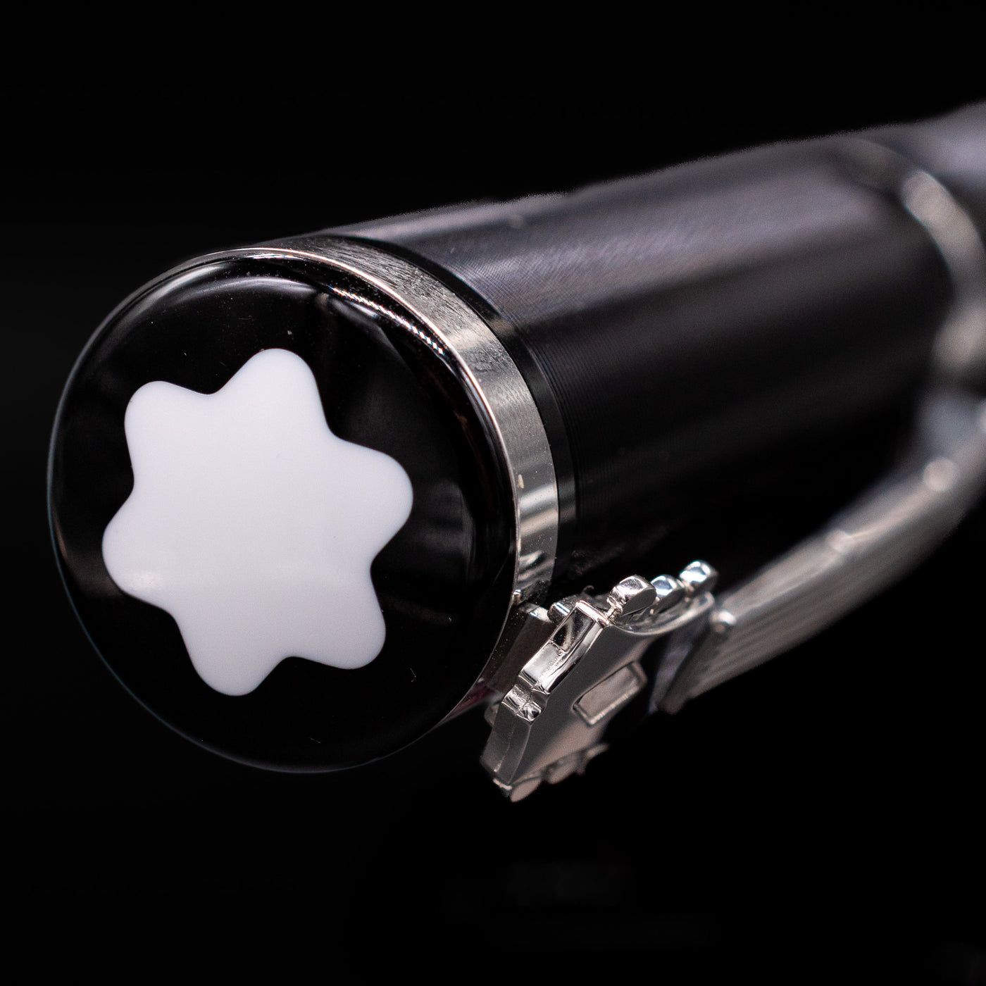 Zoomed-in view of the top of the cap with the finial on the Montblanc John Lennon Special Edition Fountain Pen - Preowned.