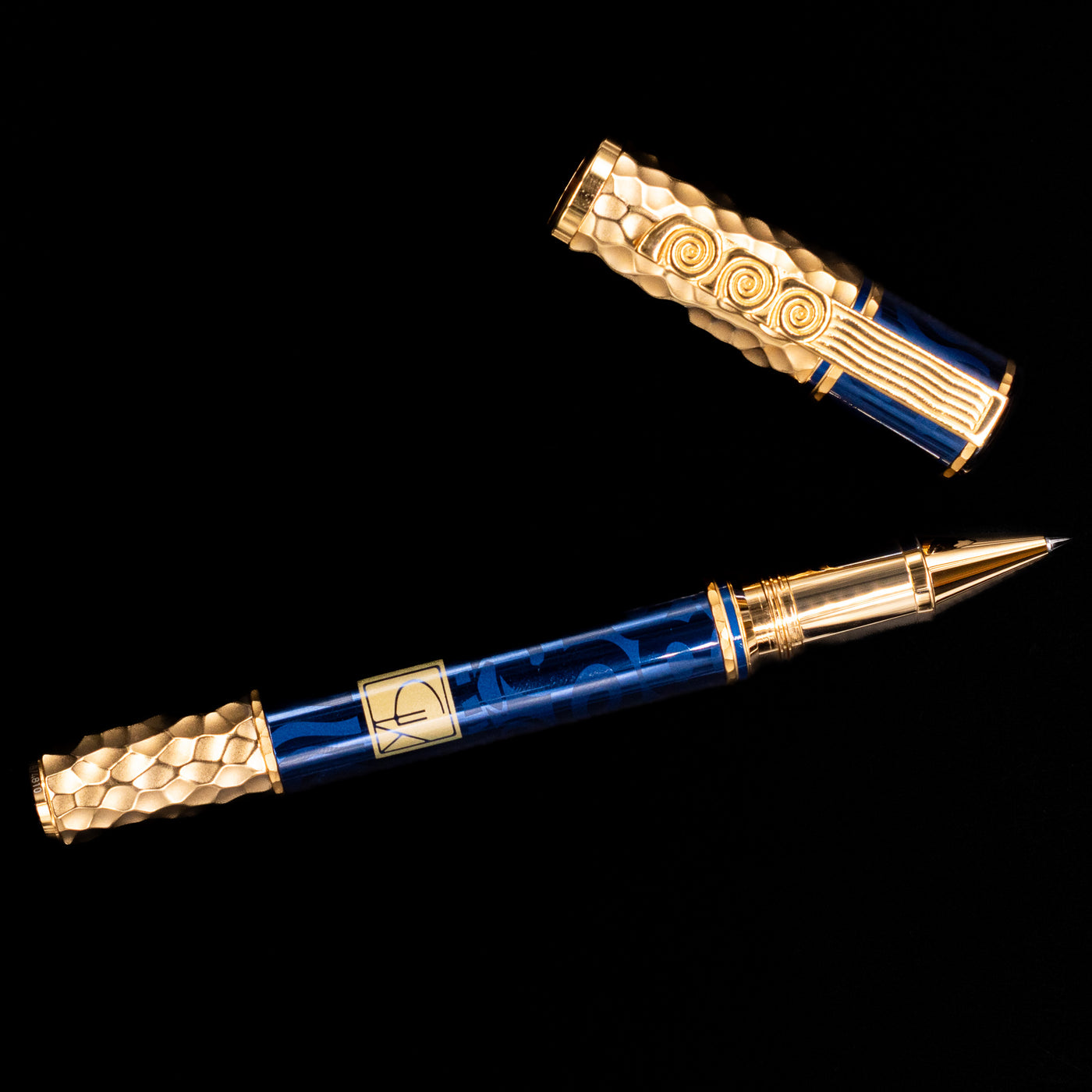 An overhead view of the Montblanc Masters of Art Homage to Gustav Klimt Limited Edition 4810 Rollerball Pen - Preowned uncapped.