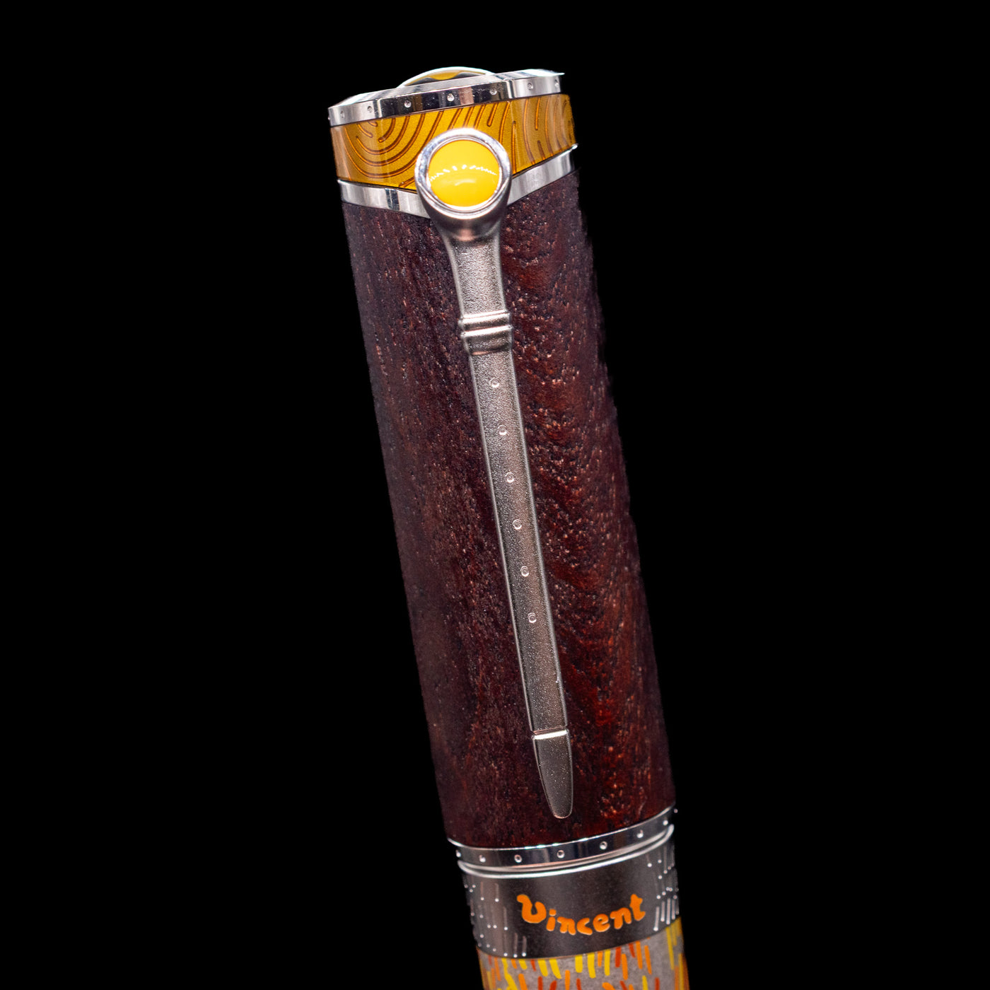 Zoomed-in view of thecap and clip on the Montblanc Masters of Art Homage to Vincent Van Gogh Limited Edition 4810 Rollerball Pen - Preowned.