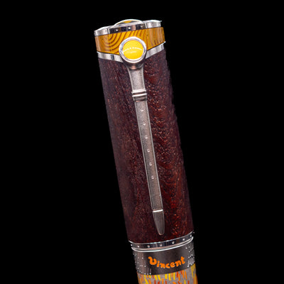 Zoomed-in view of thecap and clip on the Montblanc Masters of Art Homage to Vincent Van Gogh Limited Edition 4810 Rollerball Pen - Preowned.