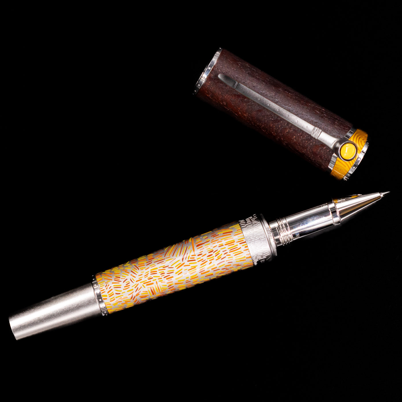 An overhead view of the Montblanc Masters of Art Homage to Vincent Van Gogh Limited Edition 4810 Rollerball Pen - Preowned uncapped.