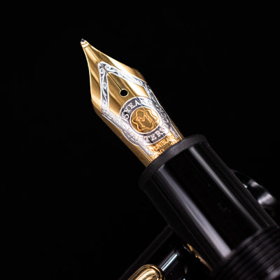 A macro shot of the nib with its intricate detailing and logo engraving for the Montblanc Meisterstuck 146 75th Anniversary Special Edition LeGrand Fountain Pen - Preowned.
