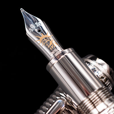 A macro shot of the nib with its intricate detailing and logo engraving for the Montblanc Meisterstuck 146 Solitaire Geometry City Edition LeGrand Fountain Pen - New York.