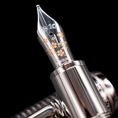 A macro shot of the nib with its intricate detailing and logo engraving for the Montblanc Meisterstuck 146 Solitaire Geometry City Edition LeGrand Fountain Pen - Tokyo.