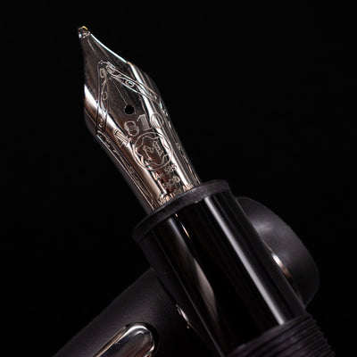 A macro shot of the nib with its intricate detailing and logo engraving for the Montblanc Meisterstuck 146 Ultra Black LeGrand Fountain Pen - Preowned.