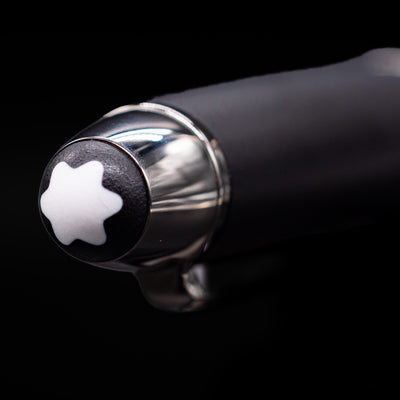 Zoomed-in view of the top of the cap with the finial on the Montblanc Meisterstuck 146 Ultra Black LeGrand Fountain Pen - Preowned.