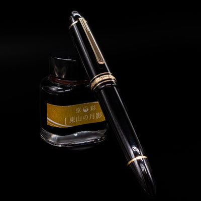 Preowned Montblanc Meisterstück 149 fountain pen shown capped, resting at an angle against an ink bottle. The glossy black resin body features gold-plated trim and the iconic Montblanc snowcap emblem on the cap top.