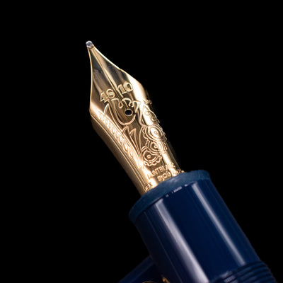 A macro shot of the nib with its intricate detailing and logo engraving for the Montblanc Meisterstuck 149 Orient Express Limited Edition 1883 Fountain Pen - Preowned.
