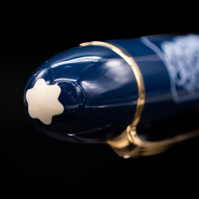 Zoomed-in view of the top of the cap with the finial on the Montblanc Meisterstuck 149 Orient Express Limited Edition 1883 Fountain Pen - Preowned.