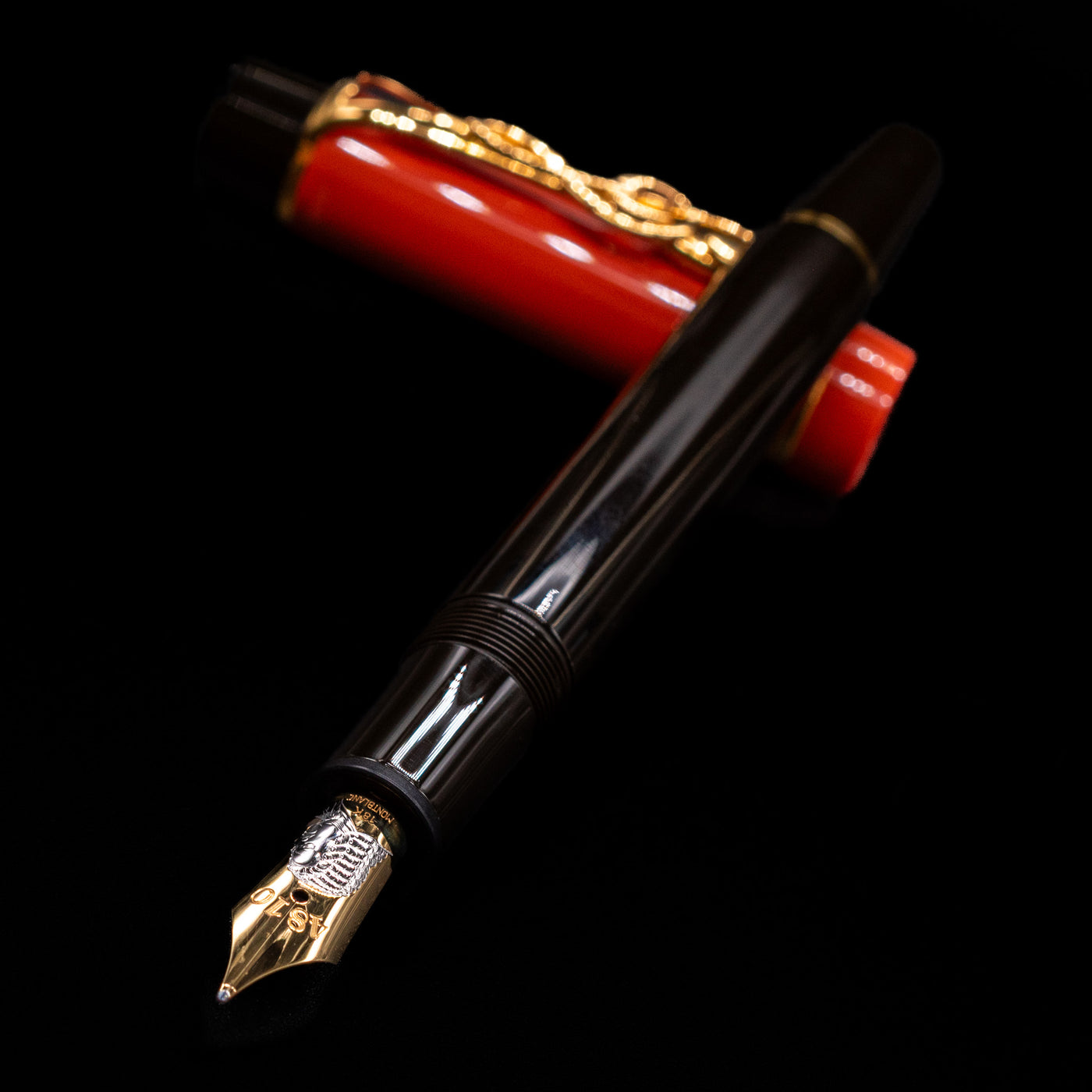 Montblanc Meisterstuck Donation Series Johann Sebastian Bach Fountain Pen - Preowned laying across its own cap, crossed, with a focus on the nib.
