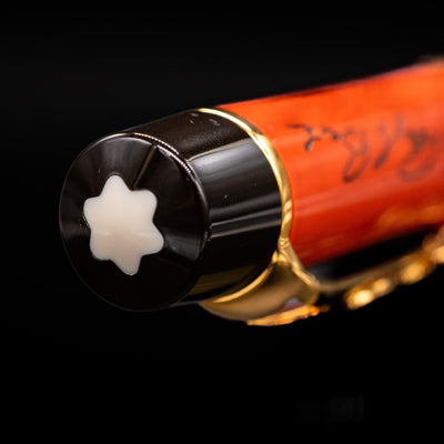 Zoomed-in view of the top of the cap with the finial on the Montblanc Meisterstuck Donation Series Johann Sebastian Bach Fountain Pen - Preowned.