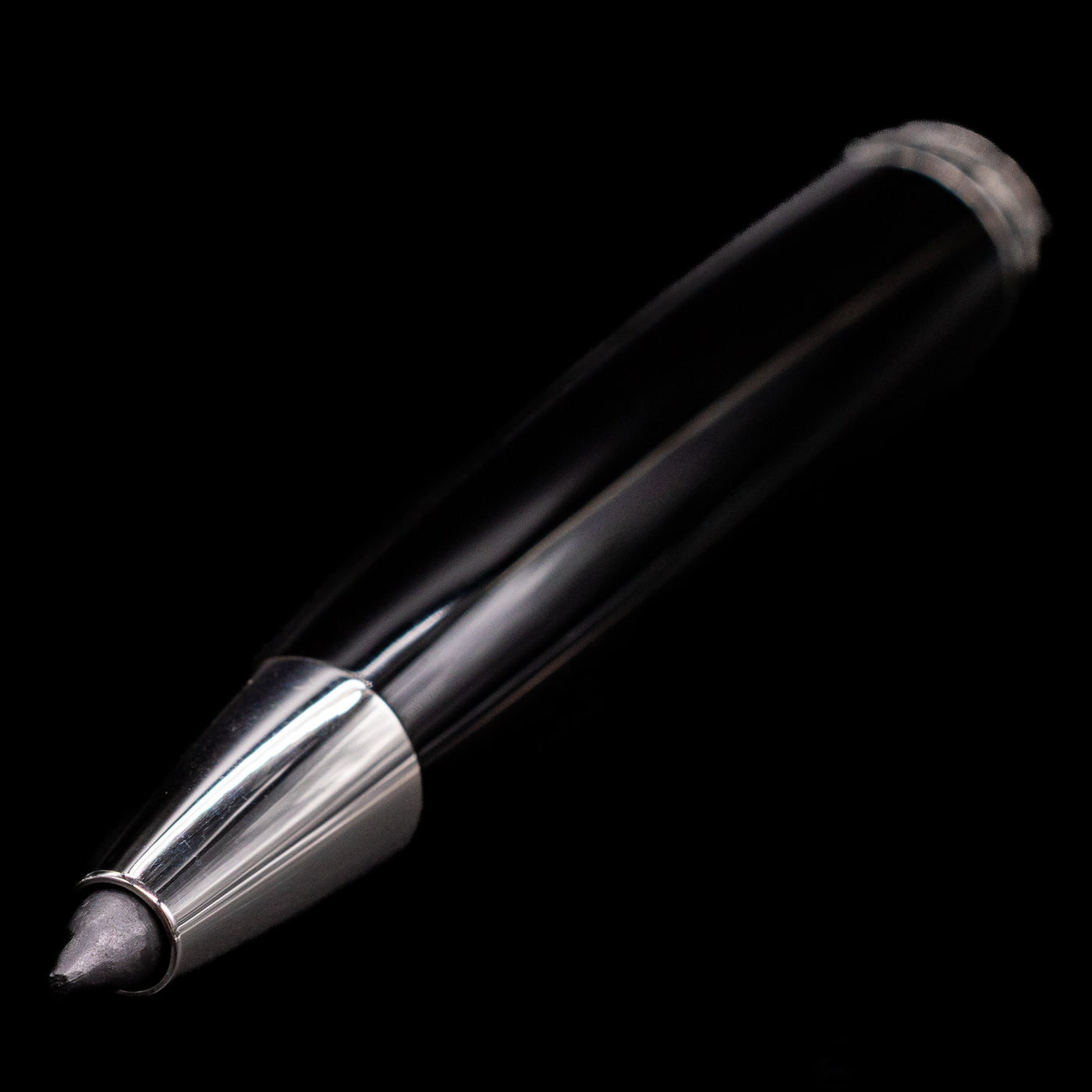 A full view of the Montblanc Meisterstuck Leonardo Black & Platinum Sketch Pencil - Preowned with a focus on the activated tip.