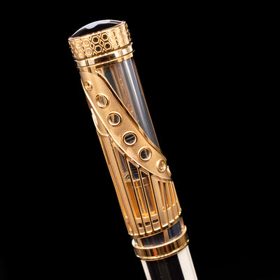 A detail shot of the cap piano styling on the Montblanc Patron of Art Henry Steinway 888 Fountain Pen.