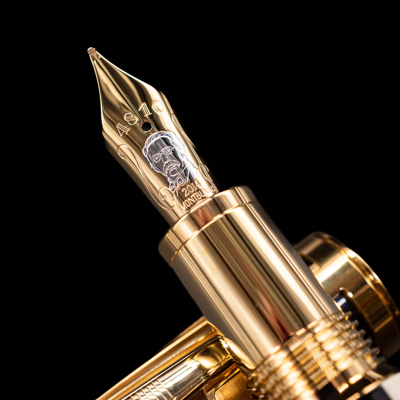 A macro shot of the nib with its intricate detailing and logo engraving for the Montblanc Patron of Art Henry Steinway 888 Fountain Pen.