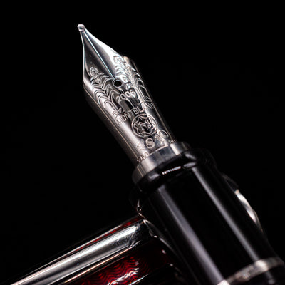 A macro shot of the nib with its intricate detailing and logo engraving for the Montblanc Patron of Art Sir Henry Tate 4810 Fountain Pen - Preowned.