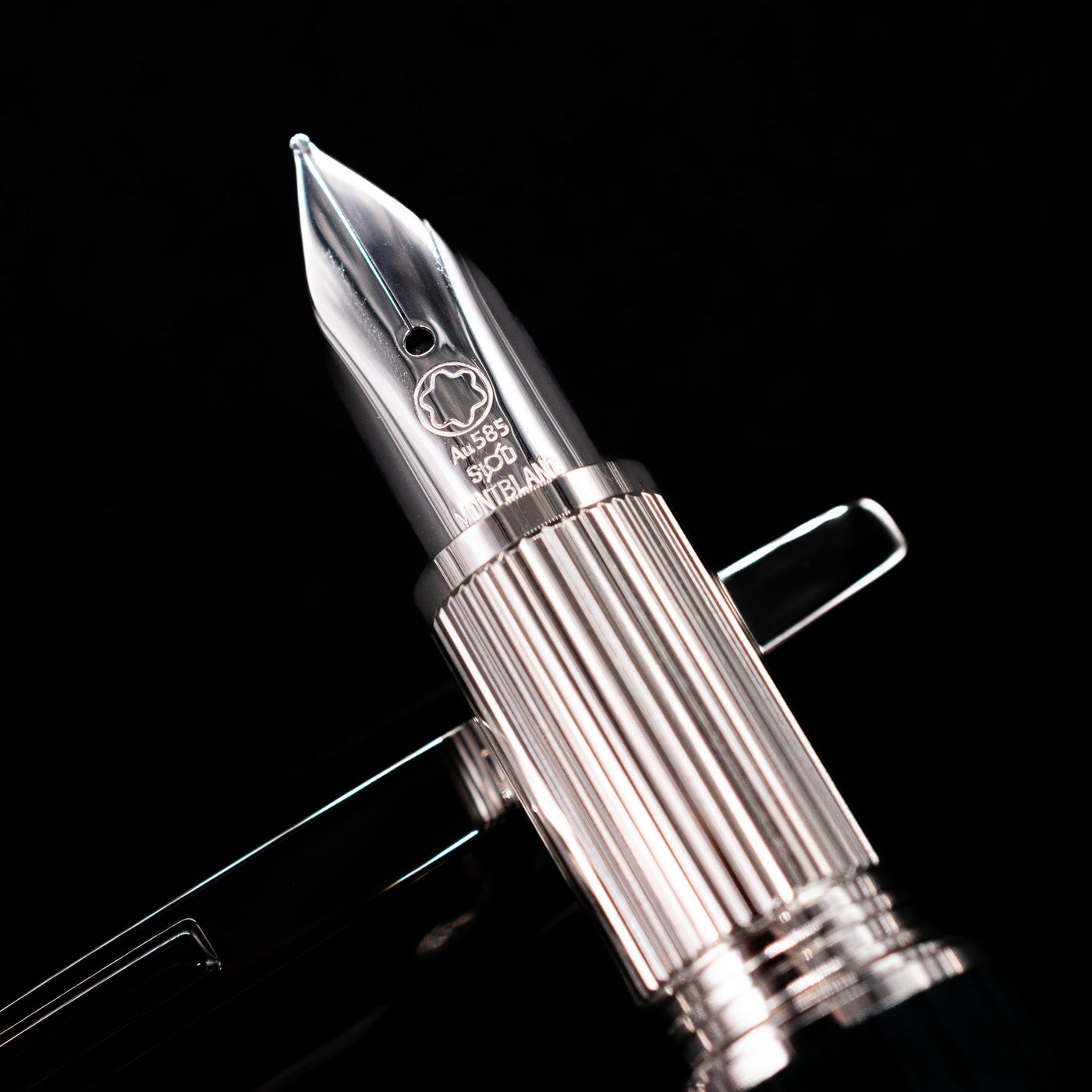 A macro shot of the nib with its intricate detailing and logo engraving for the Montblanc Starwalker Doue Fountain Pen - Polar Green.