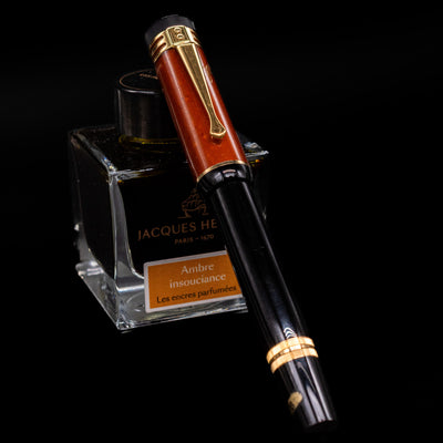 Montblanc Writer's Edition 2000 Friedrich Schiller Fountain Pen - Preowned capped, leaning against an ink bottle. 