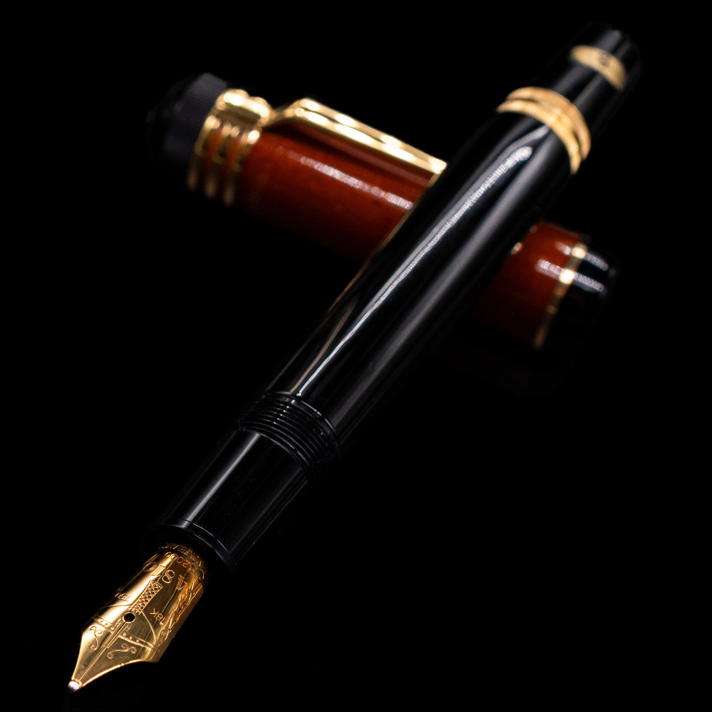 Montblanc Writer's Edition 2000 Friedrich Schiller Fountain Pen - Preowned laying across its own cap, crossed, with a focus on the nib.
