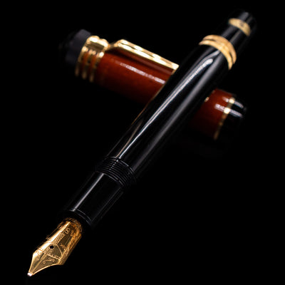 Montblanc Writer's Edition 2000 Friedrich Schiller Fountain Pen - Preowned laying across its own cap, crossed, with a focus on the nib.