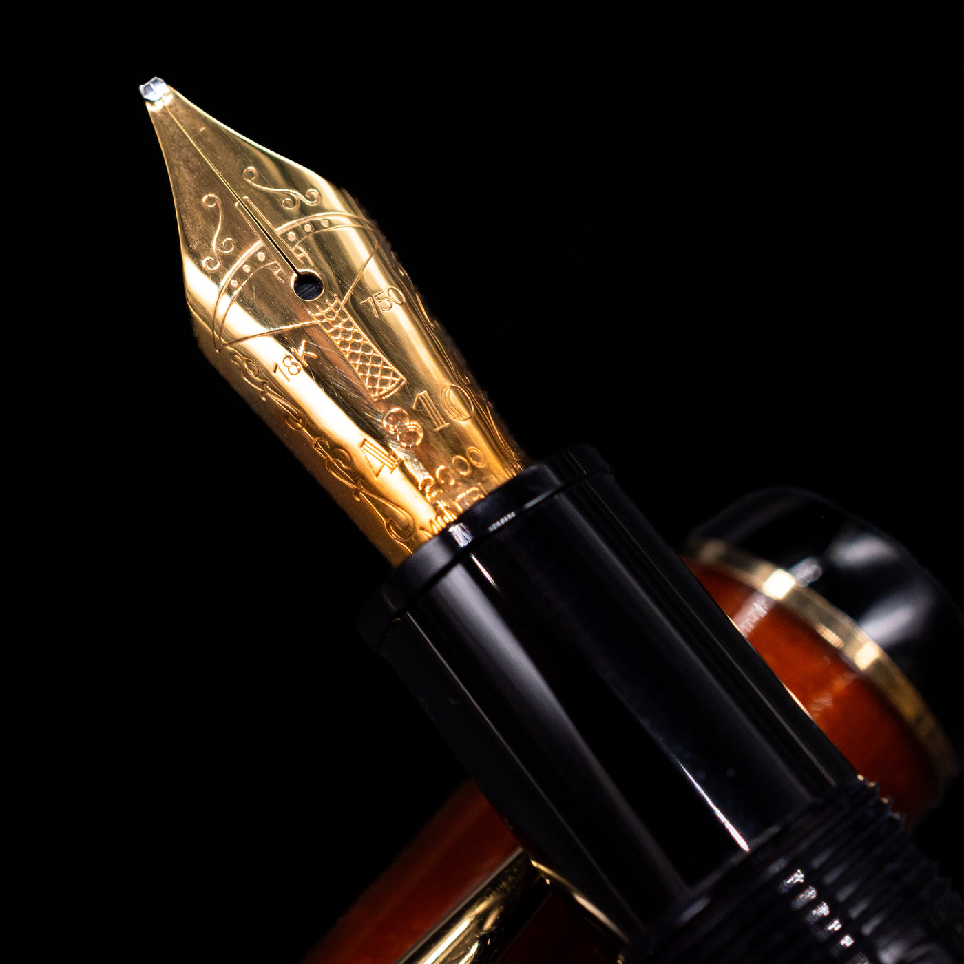  A macro shot of the nib with its intricate detailing and logo engraving for the Montblanc Writer's Edition 2000 Friedrich Schiller Fountain Pen - Preowned.