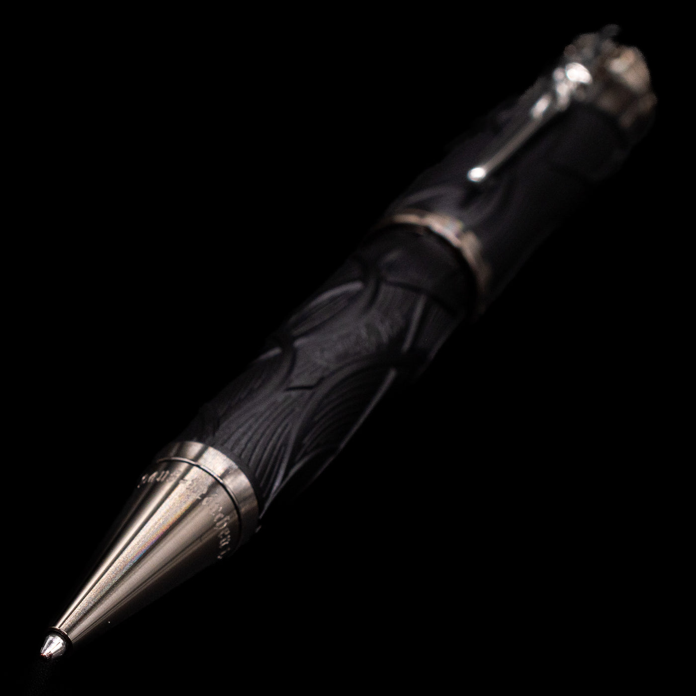 A full view of the Montblanc Writer's Edition Brothers Grimm Ballpoint Pen - Preowned with a focus on the tip.