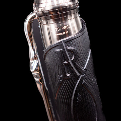 A zoomed-in view of the side of the cap on the Montblanc Writer's Edition Brothers Grimm Fountain Pen.