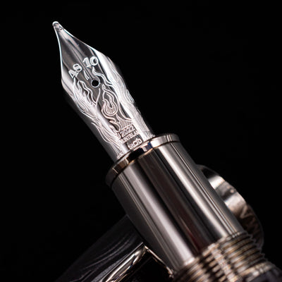  A macro shot of the nib with its intricate detailing and logo engraving for the Montblanc Writer's Edition Brothers Grimm Fountain Pen.