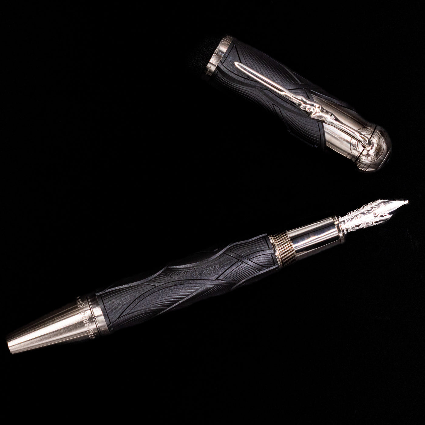An overhead view of the Montblanc Writer's Edition Brothers Grimm Fountain Pen uncapped.