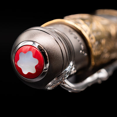  Zoomed-in view of the top of the cap with the finial on the Montblanc Writer's Edition Brothers Grimm Limited Edition 1812 Rollerball Pen - Preowned.